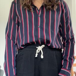 Banana Republic Navy Button-Up Long Sleeve Shirt with Red & White Stripes
